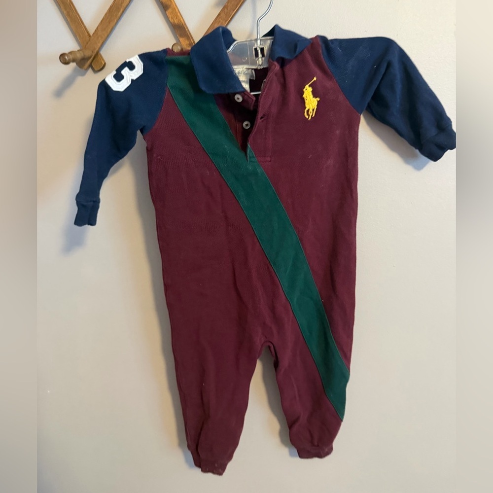 Ralph Lauren Baby Boy Rugby Romper 12M Maroon Green Sash Big Pony